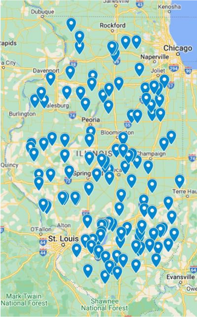 Map of Illinois showing sample sites